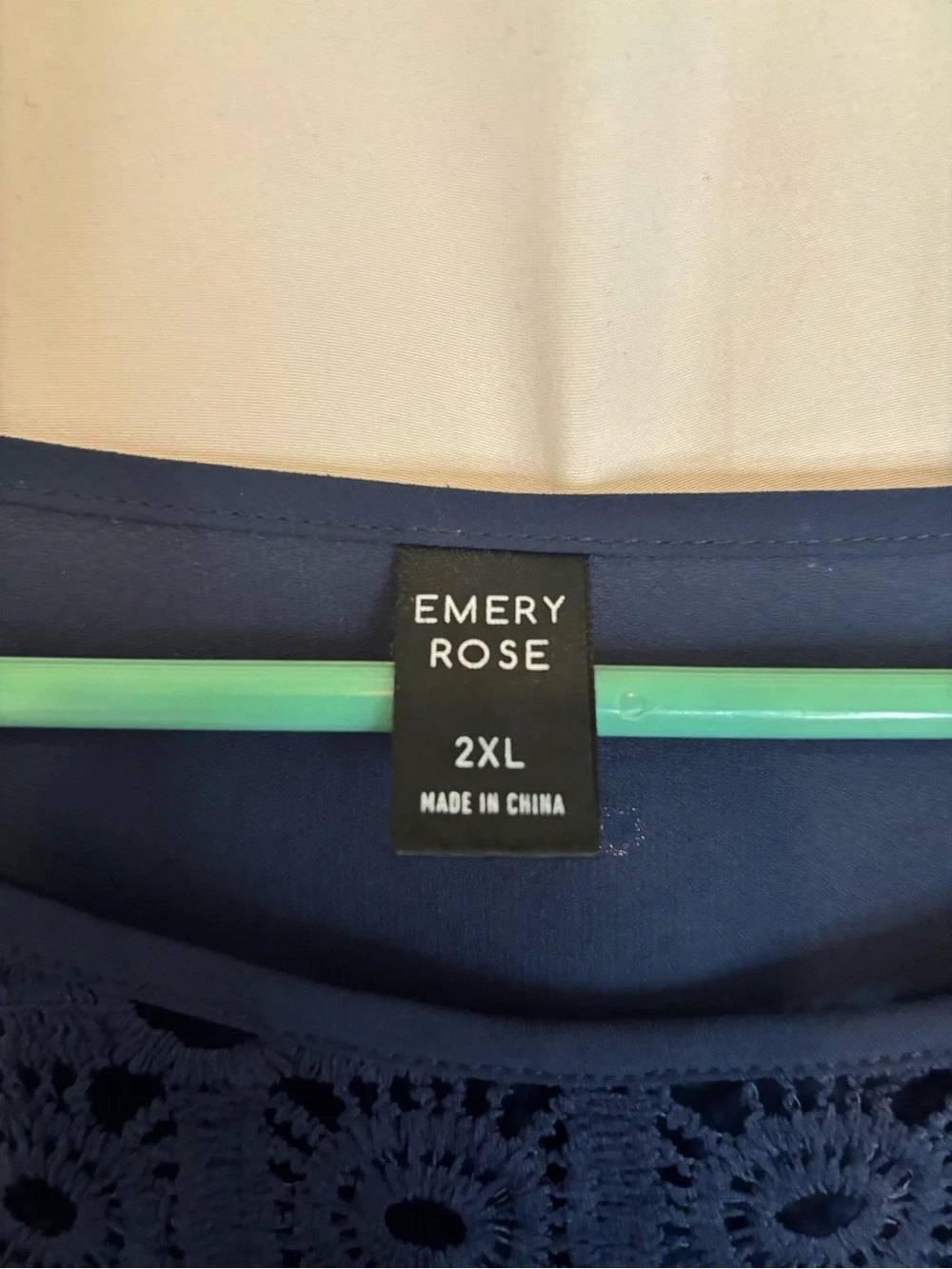 3/$20 Emery Rose Crochet-Yoke Navy Blue Blouse with Short Rolled Sleeves - Picture 3 of 5